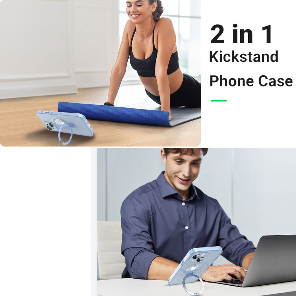 Ring Kickstand Magnetic Phone Case for iPhone 14 PC TPU Matte Phone Cover with Glass Lens Protector