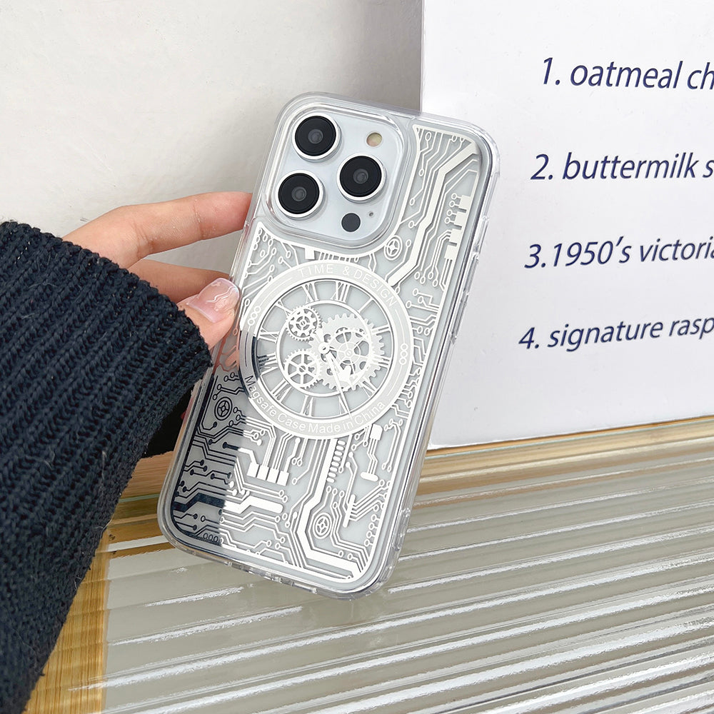 For iPhone 13 Pro 6.1 inch Magnetic Case Electroplated Mechanical Gear Clock Pattern TPU Phone Cover