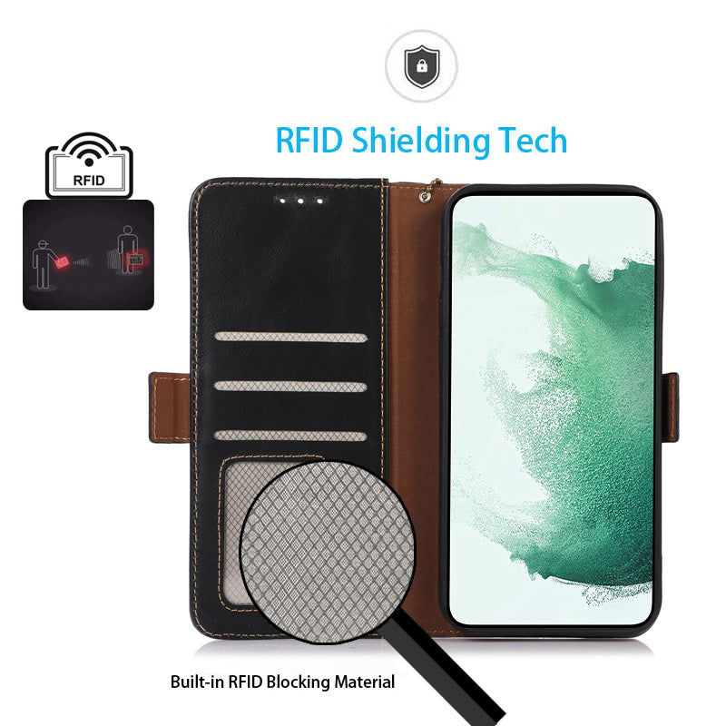 For Samsung Galaxy M14 5G Case RFID Blocking Genuine Cowhide Leather Wallet Phone Cover