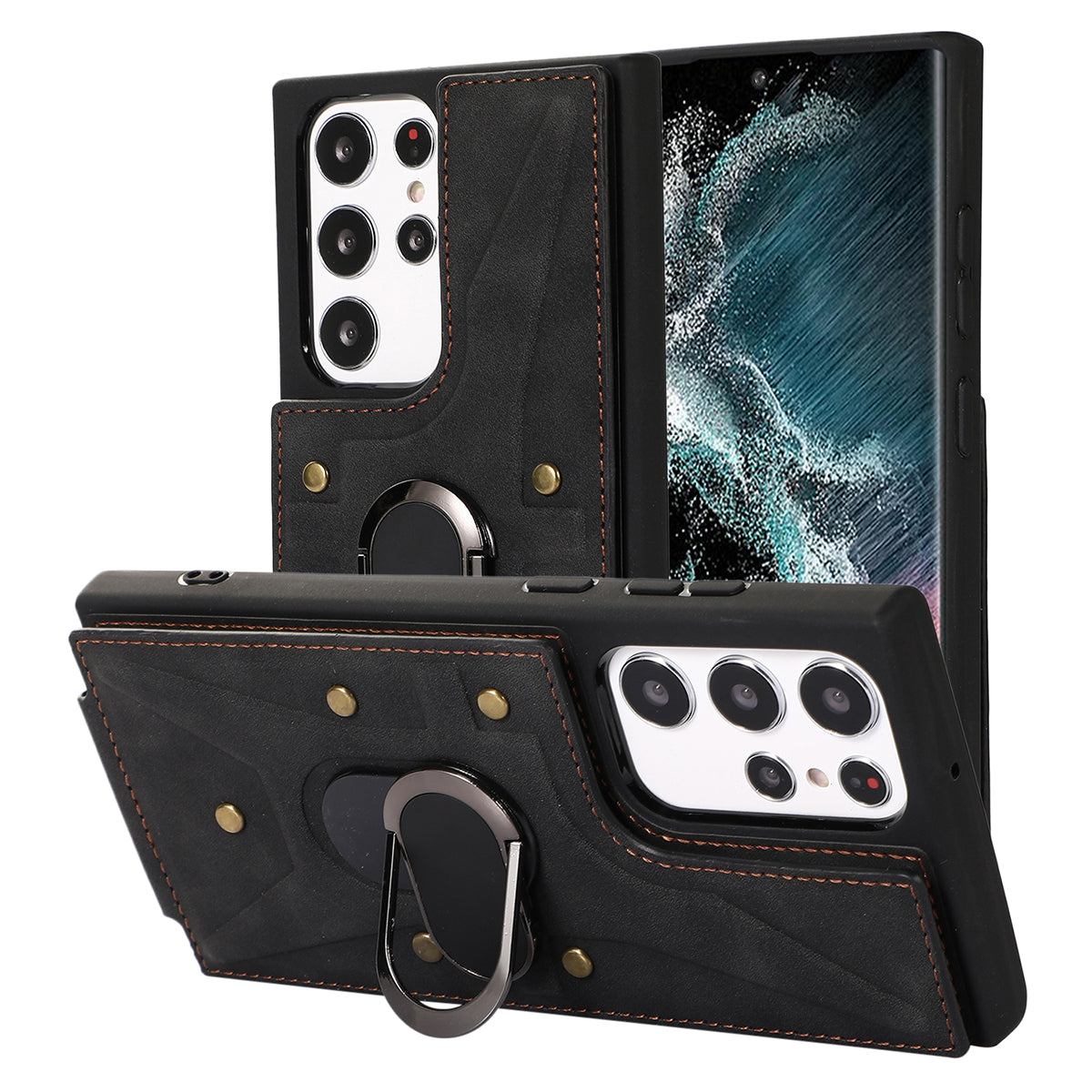 For Samsung Galaxy S23 Ultra Rotary Kickstand Leather Coated TPU Case Card Holder Phone Cover