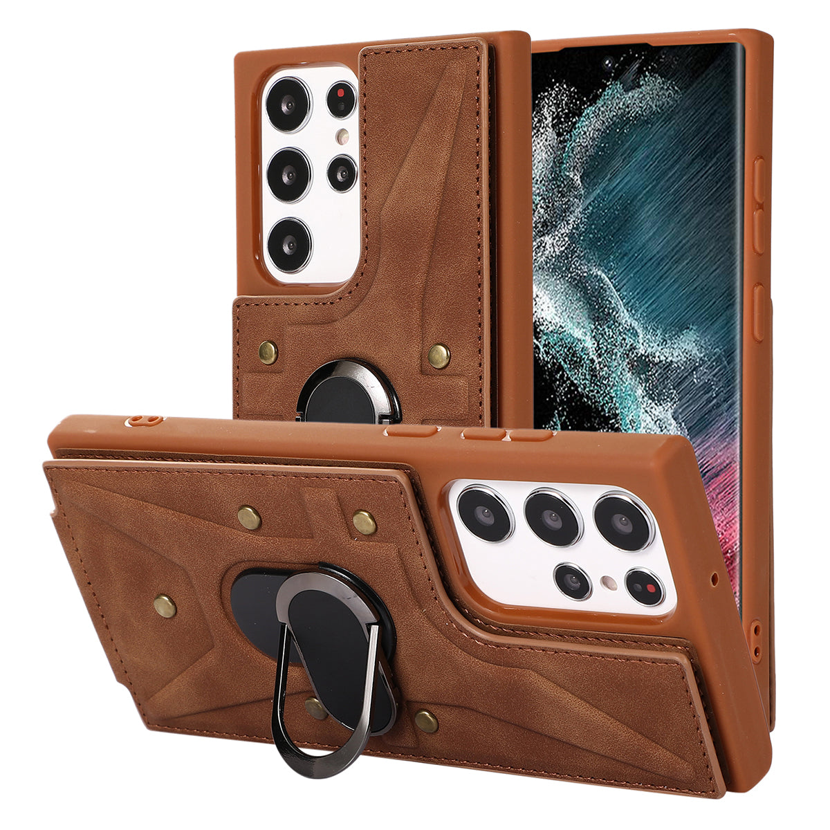 For Samsung Galaxy S23 Ultra Rotary Kickstand Leather Coated TPU Case Card Holder Phone Cover