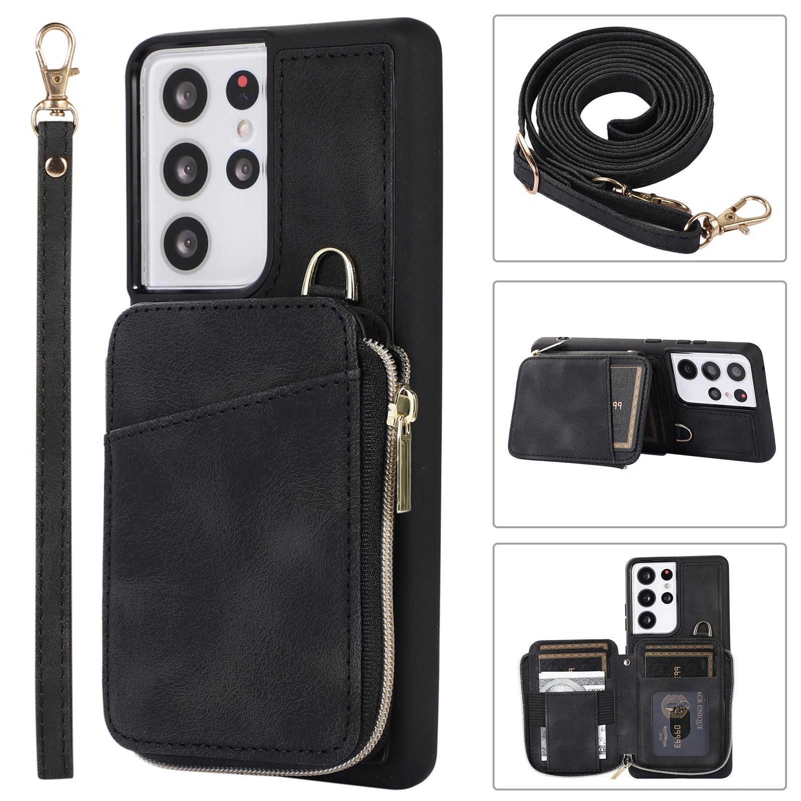 For Samsung Galaxy S23 Ultra Kickstand Phone Case Zipper Card Bag Leather TPU Phone Cover with Straps