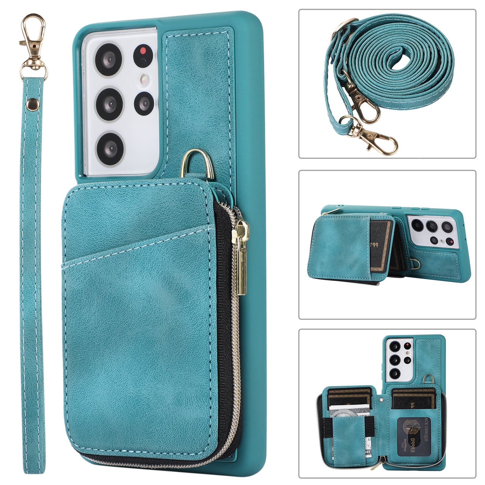 For Samsung Galaxy S23 Ultra Kickstand Phone Case Zipper Card Bag Leather TPU Phone Cover with Straps