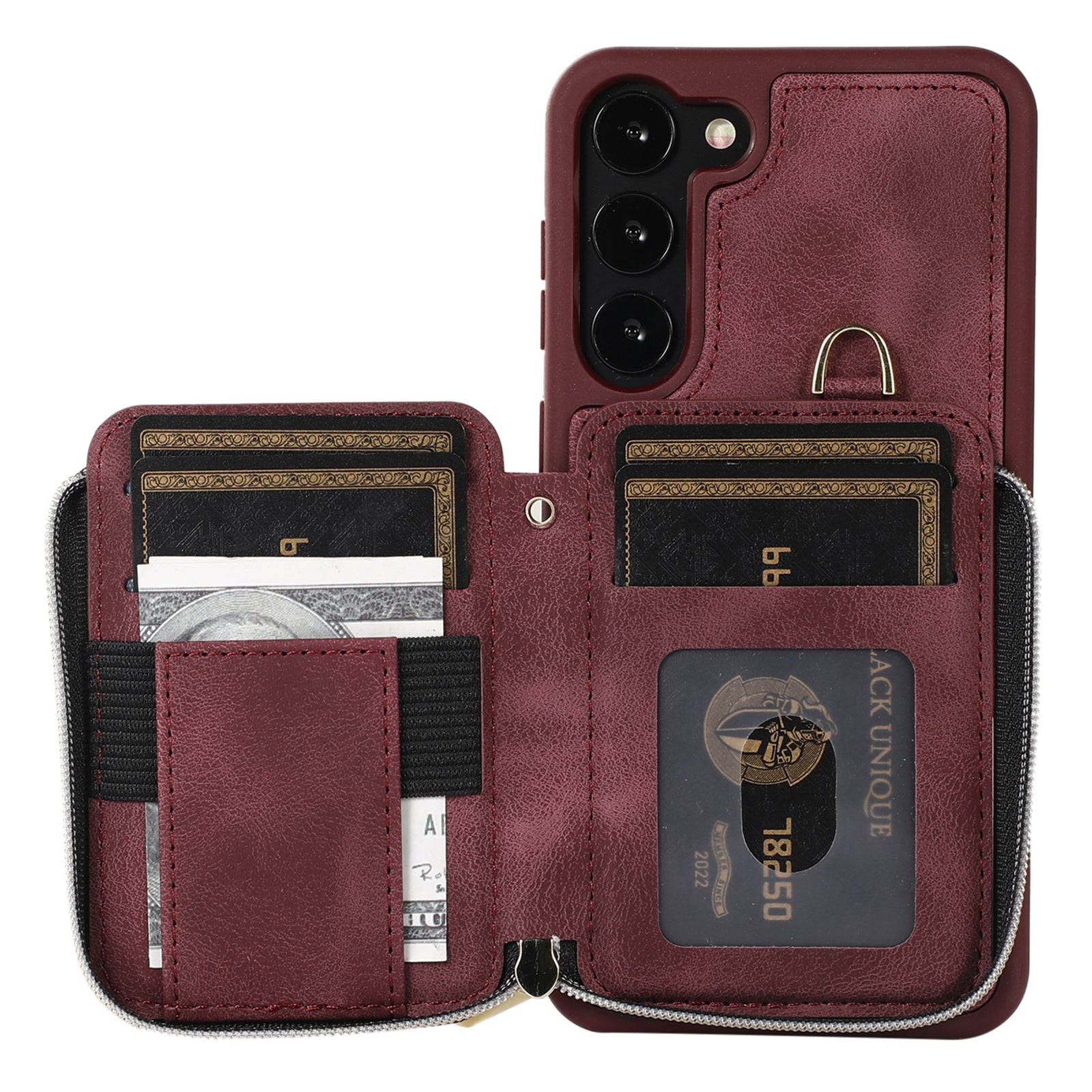 For Samsung Galaxy S23 Phone Case Zipper Card Slots Kickstand Leather Coated TPU Cover with Straps