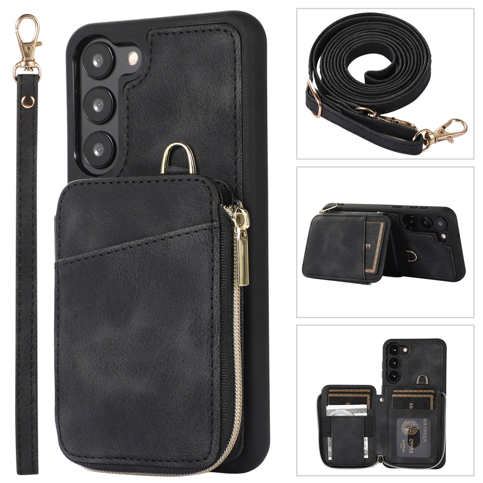 For Samsung Galaxy S23 Zipper Card Holder Phone Case Leather Coated TPU Kickstand Cover with Straps