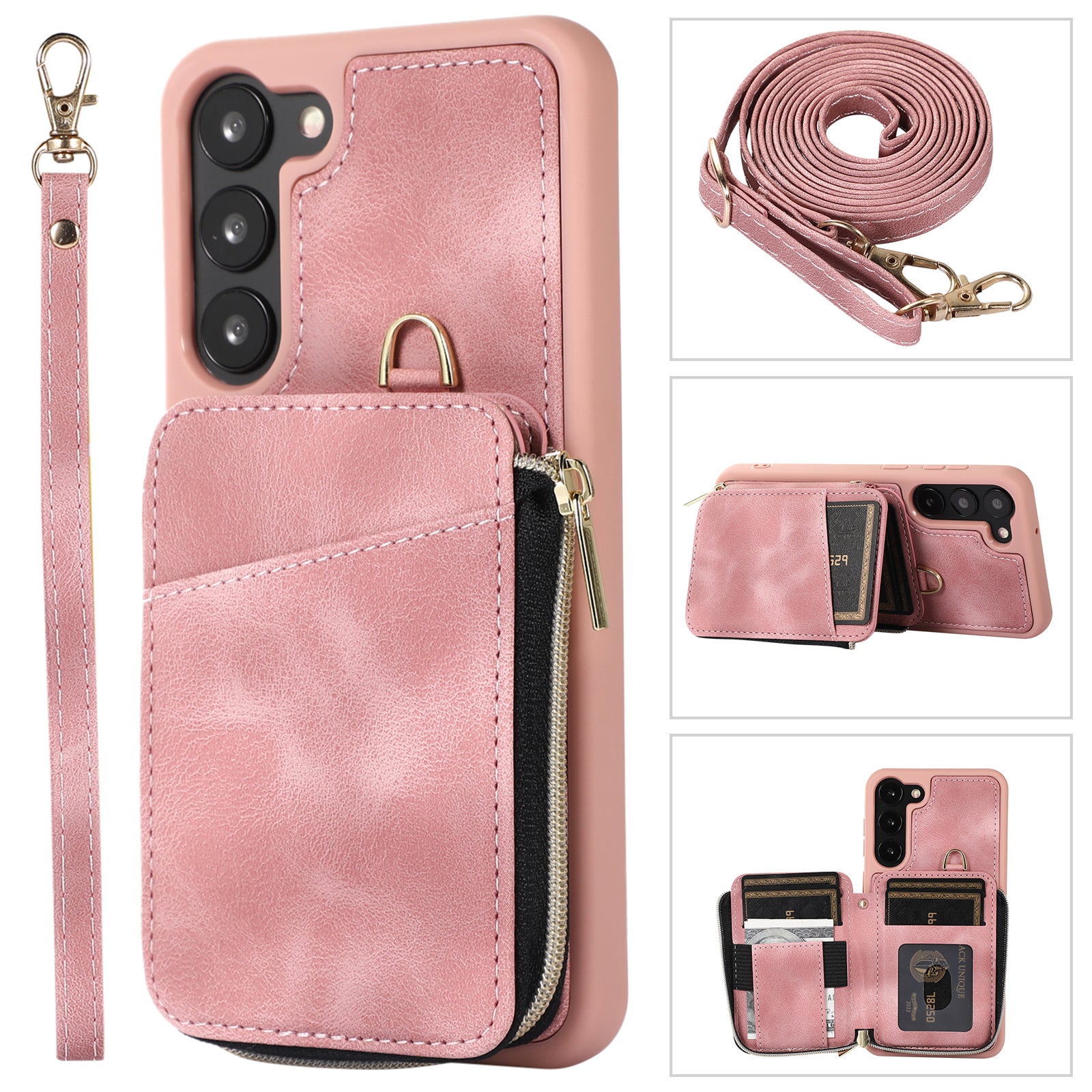 For Samsung Galaxy S23 Zipper Card Holder Phone Case Leather Coated TPU Kickstand Cover with Straps