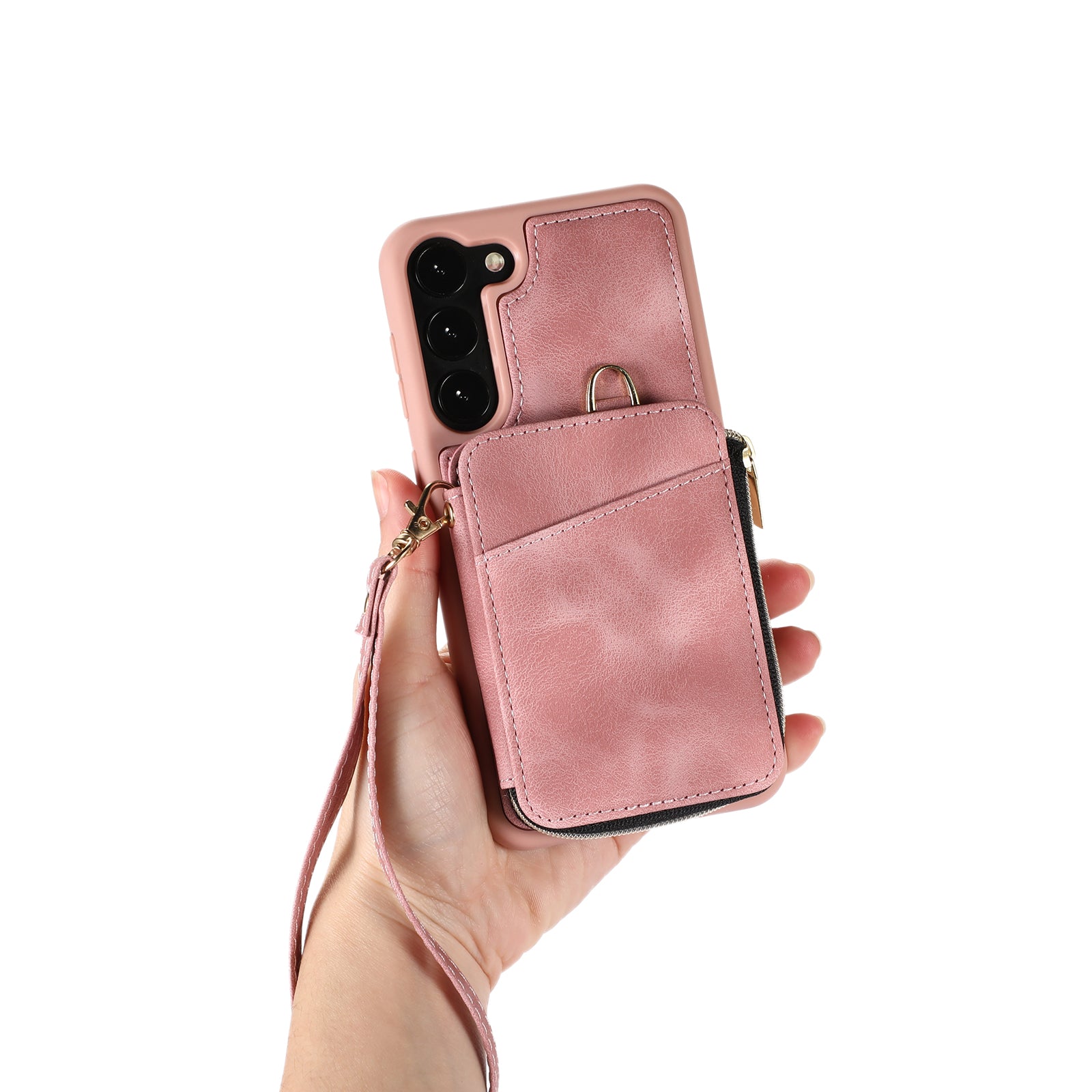 For Samsung Galaxy S23 Zipper Card Holder Phone Case Leather Coated TPU Kickstand Cover with Straps