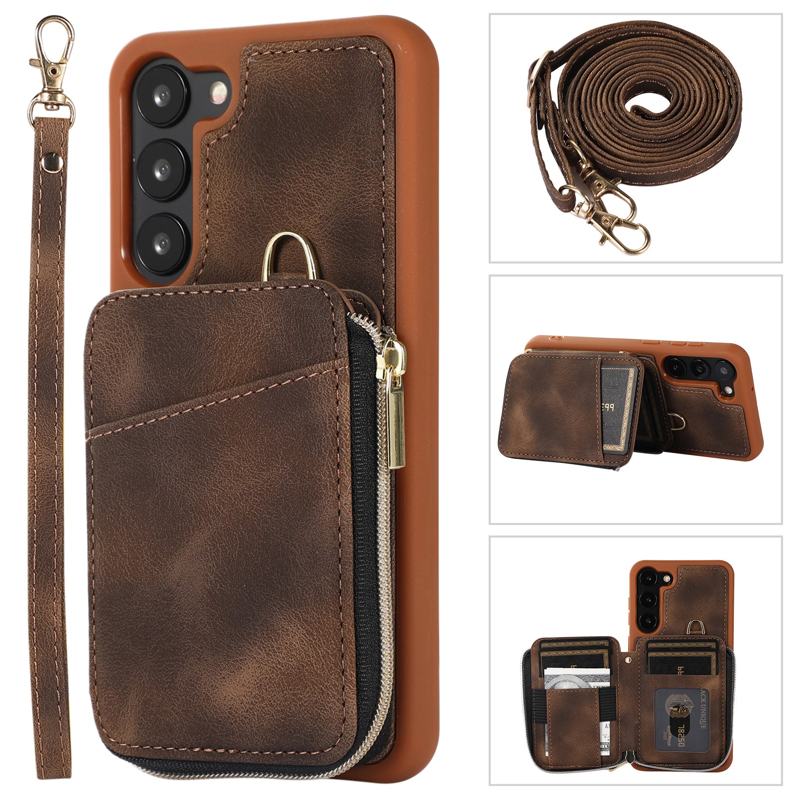 For Samsung Galaxy S23 Zipper Card Holder Phone Case Leather Coated TPU Kickstand Cover with Straps