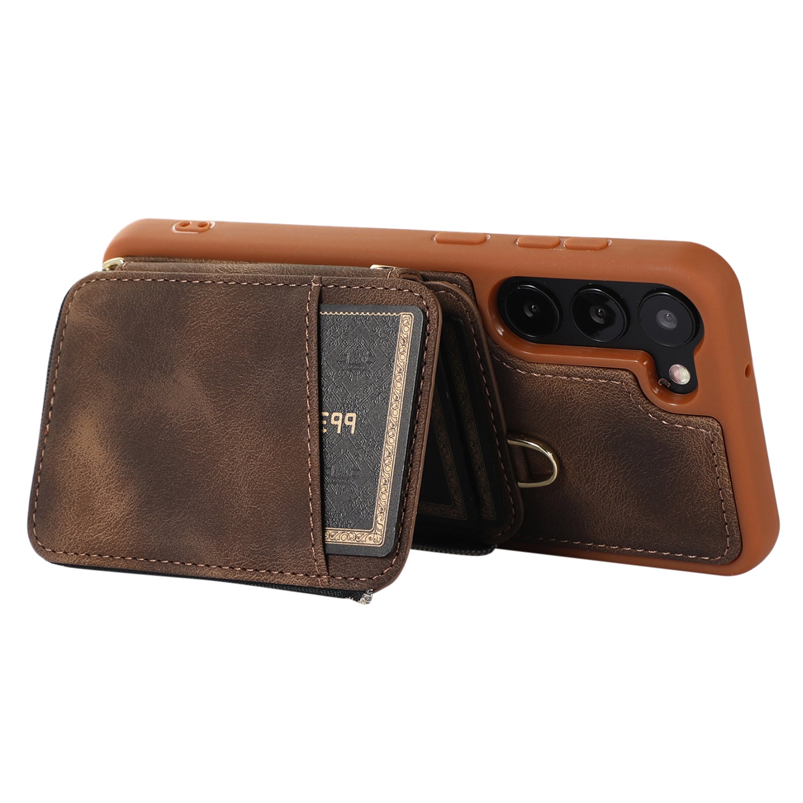 For Samsung Galaxy S23 Zipper Card Holder Phone Case Leather Coated TPU Kickstand Cover with Straps