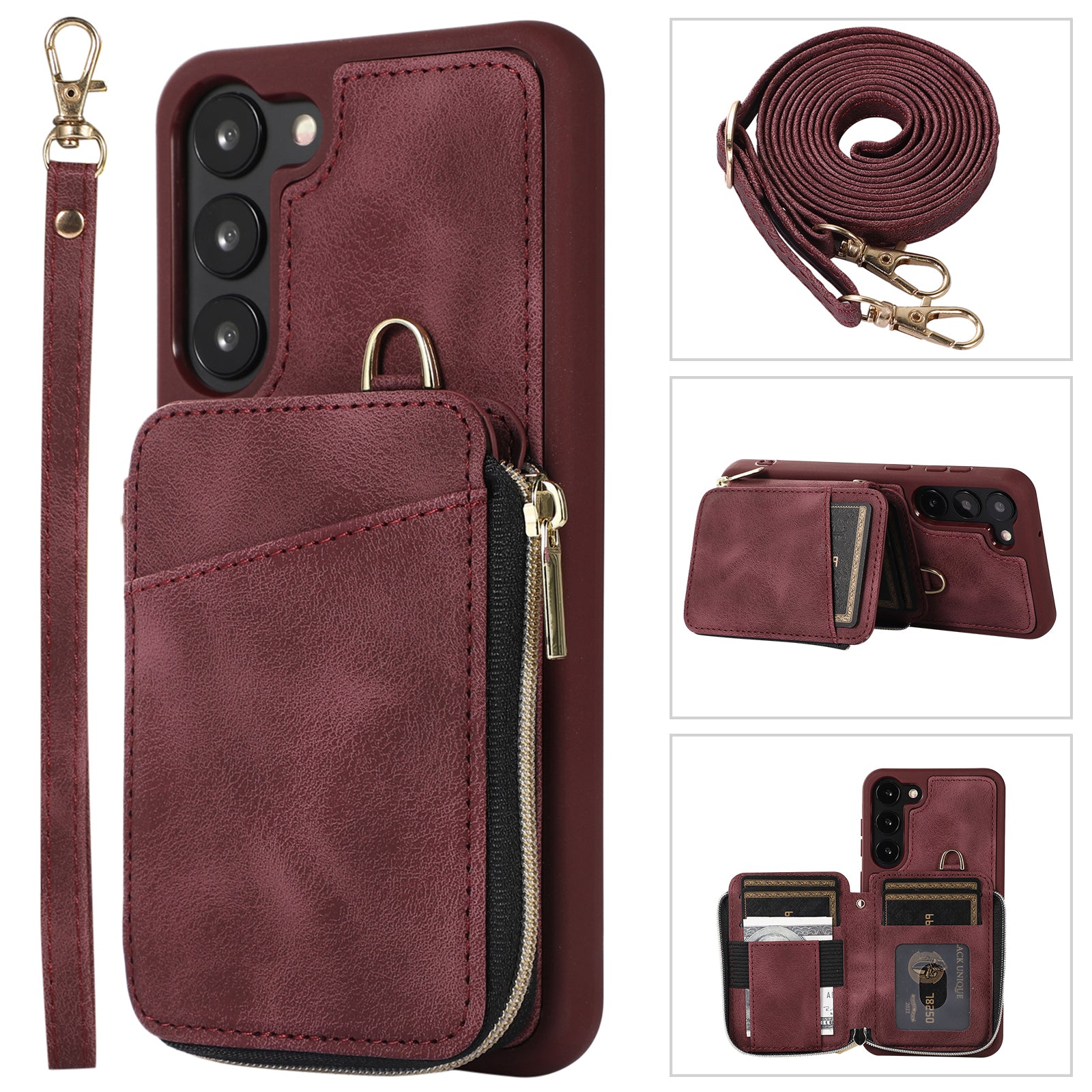 For Samsung Galaxy S23 Zipper Card Holder Phone Case Leather Coated TPU Kickstand Cover with Straps