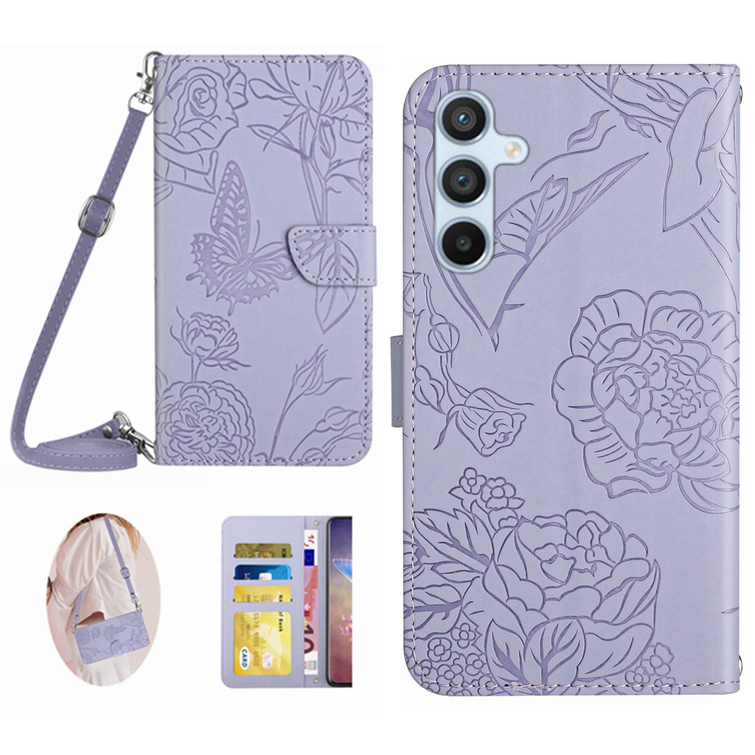 HT03 Phone Case for Samsung Galaxy M14 5G PU Leather Stand Wallet Butterfly Flowers Imprinted Cover with Shoulder Strap