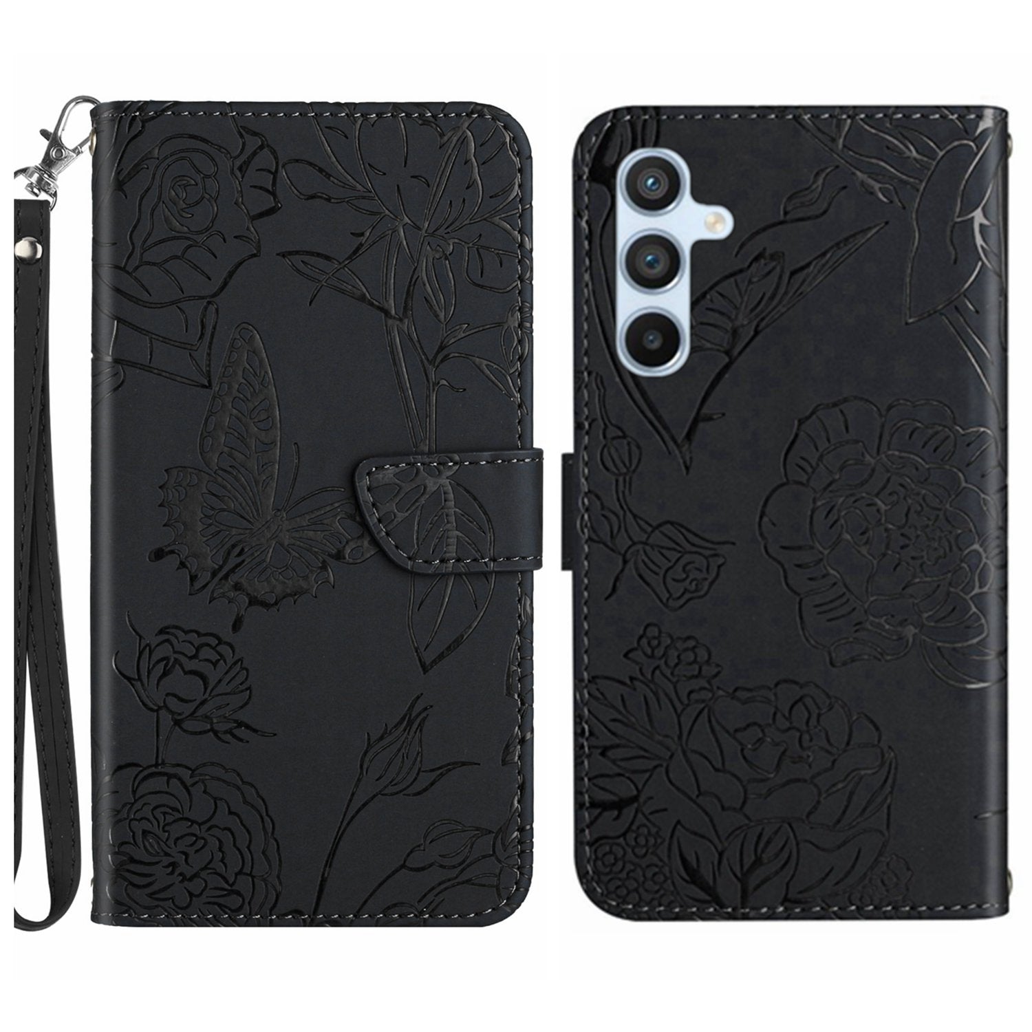 HT03 Phone Case for Samsung Galaxy M14 5G PU Leather Butterfly Flowers Stand Wallet Cover with Strap