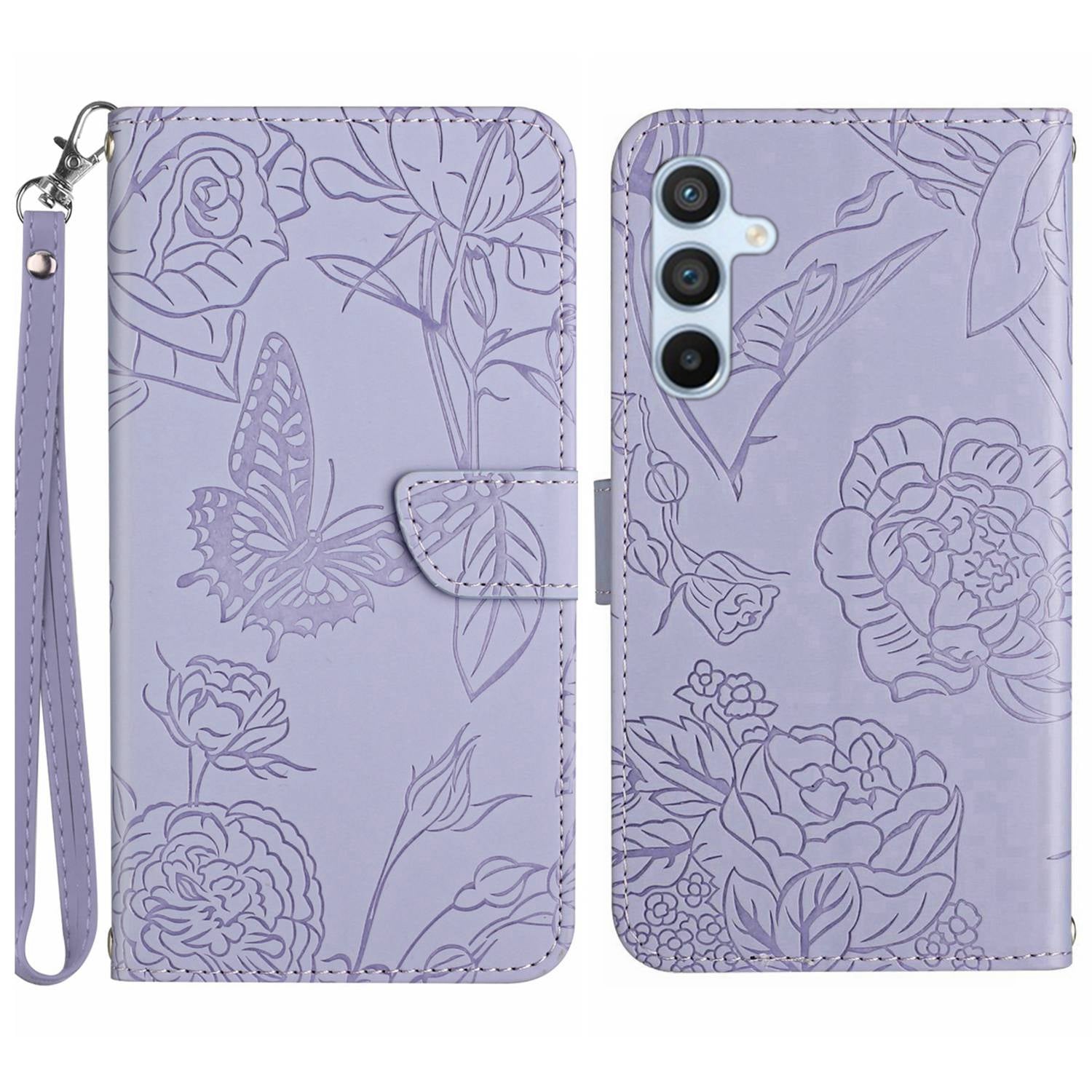 HT03 Phone Case for Samsung Galaxy M14 5G PU Leather Butterfly Flowers Stand Wallet Cover with Strap