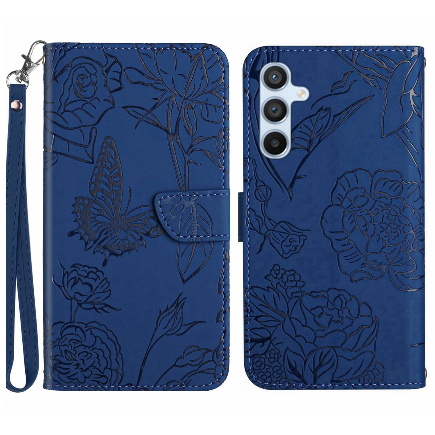 HT03 Phone Case for Samsung Galaxy M14 5G PU Leather Butterfly Flowers Stand Wallet Cover with Strap