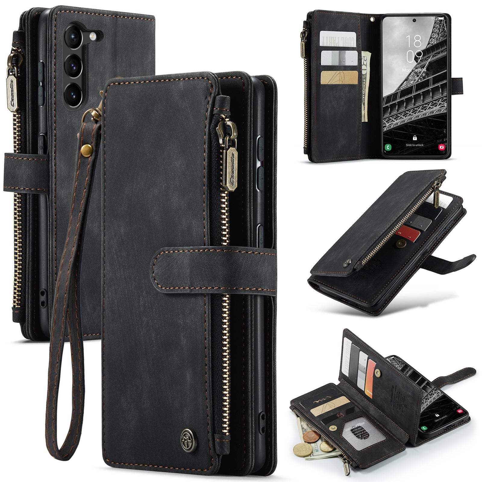 CASEME C30 Series for Samsung Galaxy S23 PU Leather Zipper Pocket Case Card Slots Stand Phone Cover