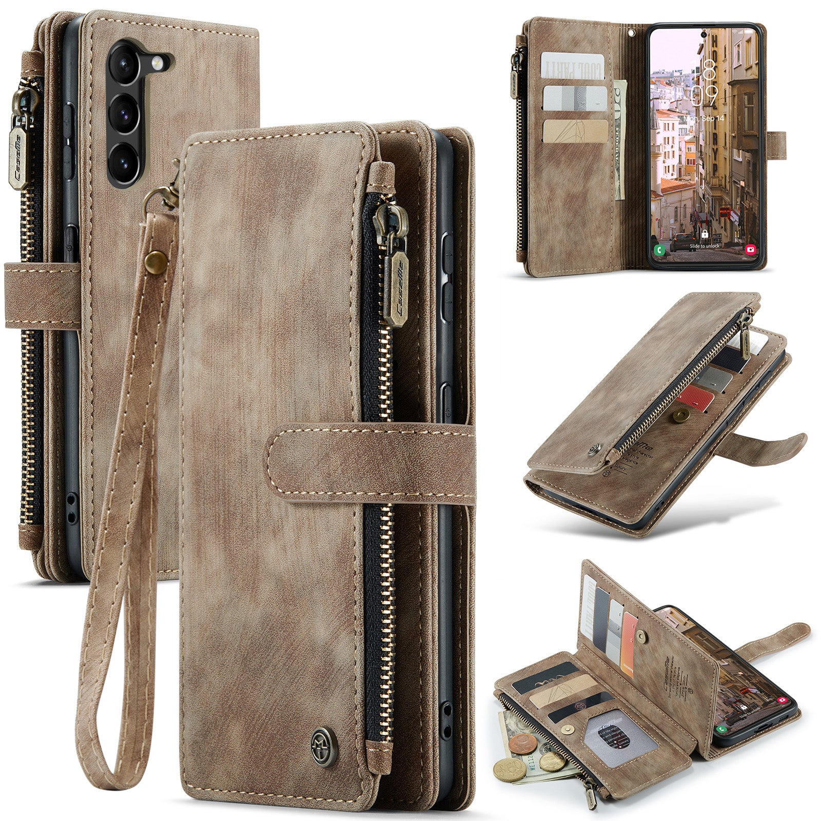 CASEME C30 Series for Samsung Galaxy S23 PU Leather Phone Case Card Slots Zipper Pocket Stand Cover