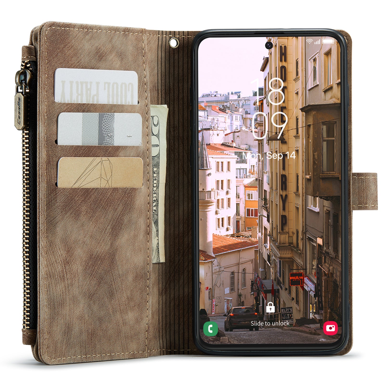 CASEME C30 Series for Samsung Galaxy S23 PU Leather Phone Case Card Slots Zipper Pocket Stand Cover