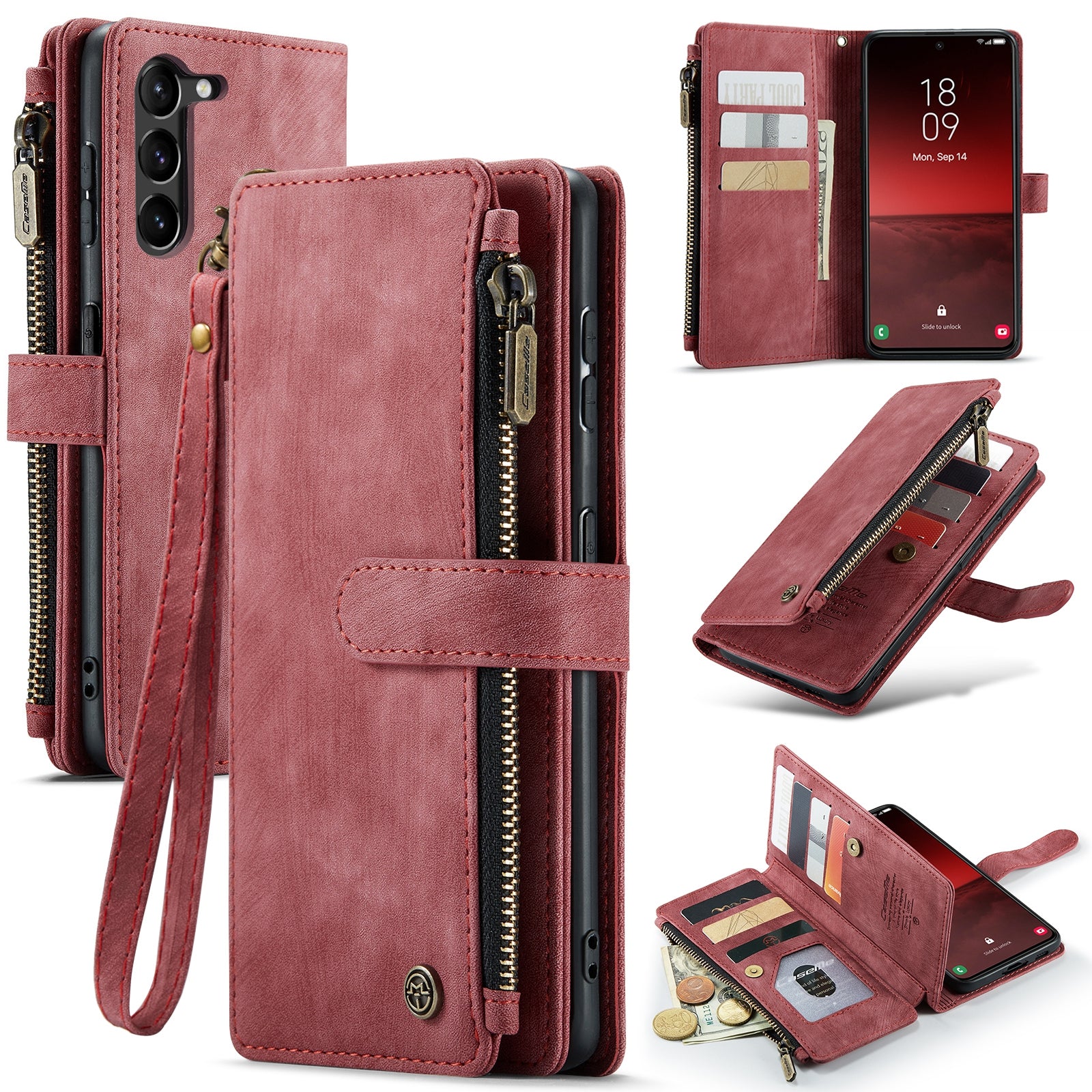 CASEME C30 Series for Samsung Galaxy S23 PU Leather Phone Case Card Slots Zipper Pocket Stand Cover