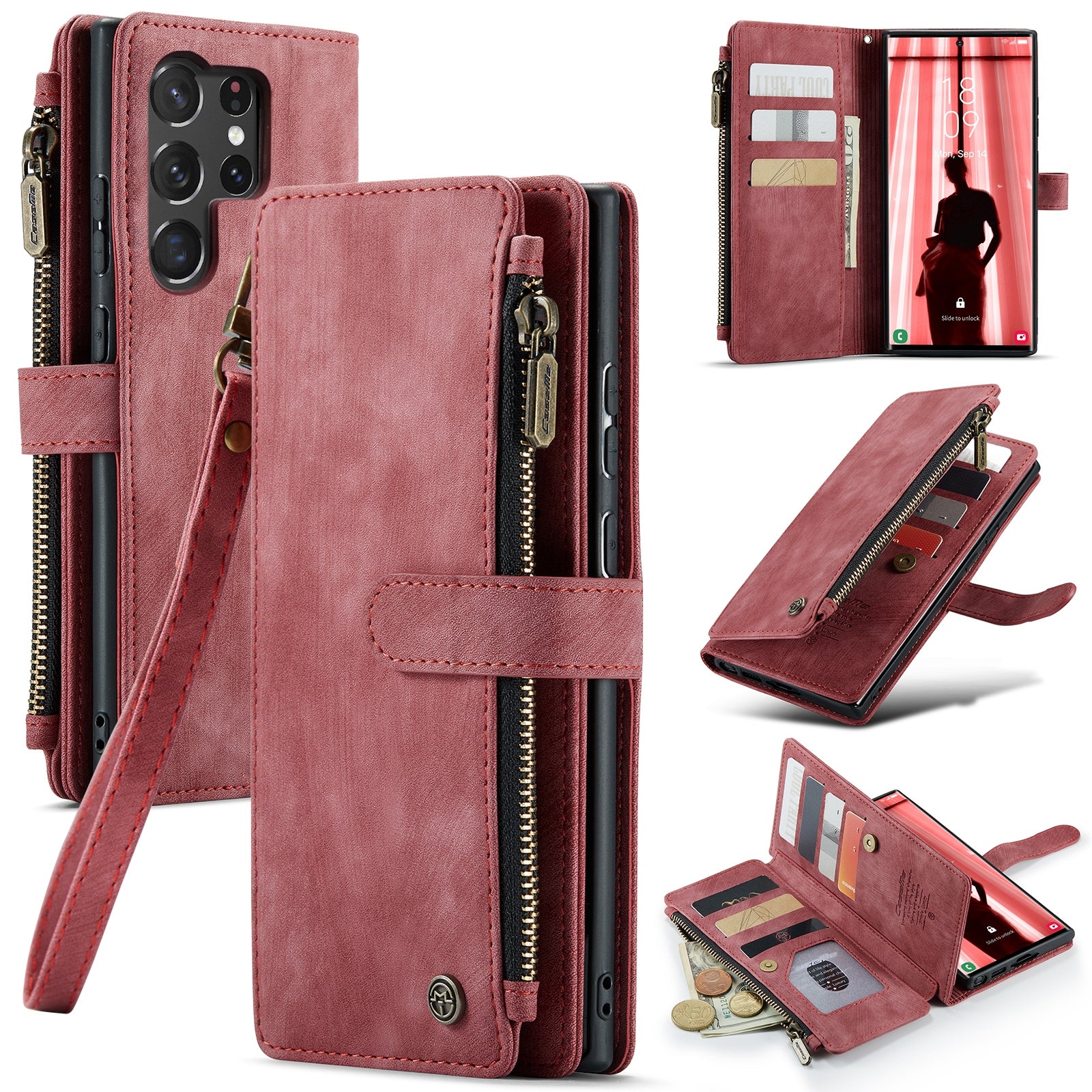 CASEME C30 Series for Samsung Galaxy S23 Ultra PU Leather Case 10 Card Slots Zipper Pocket Stand Phone Cover