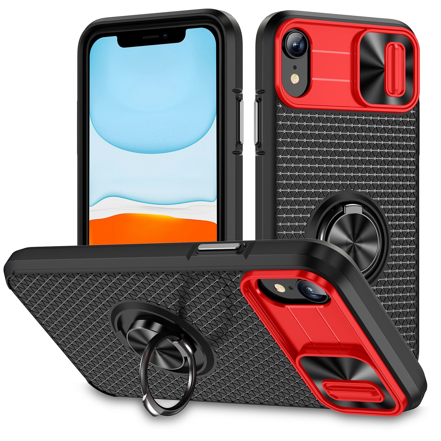For iPhone XR 6.1 inch Ring Kickstand Phone Case PC TPU Phone Cover with Slide Camera Lens Protector