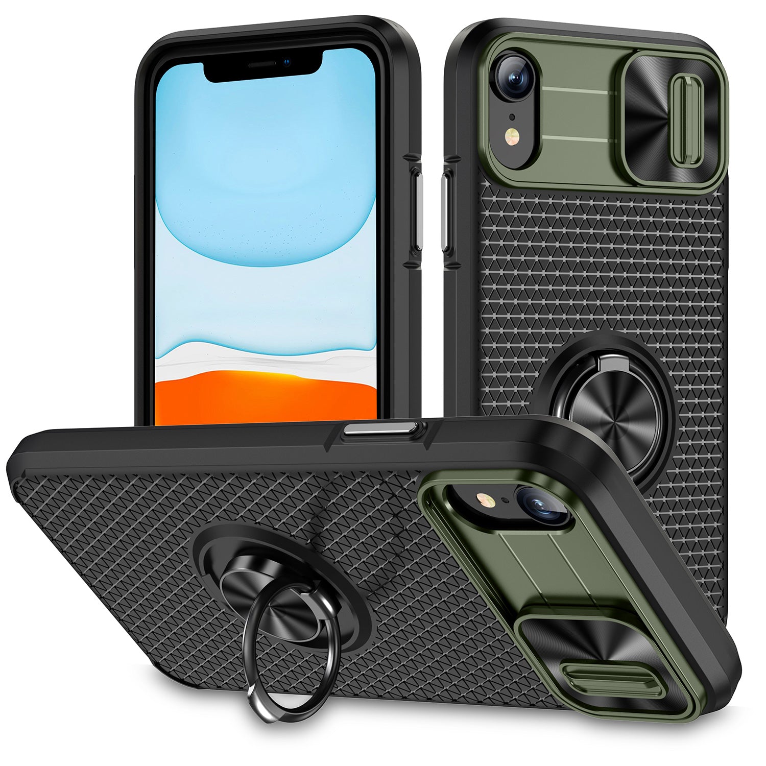 For iPhone XR 6.1 inch Ring Kickstand Phone Case PC TPU Phone Cover with Slide Camera Lens Protector