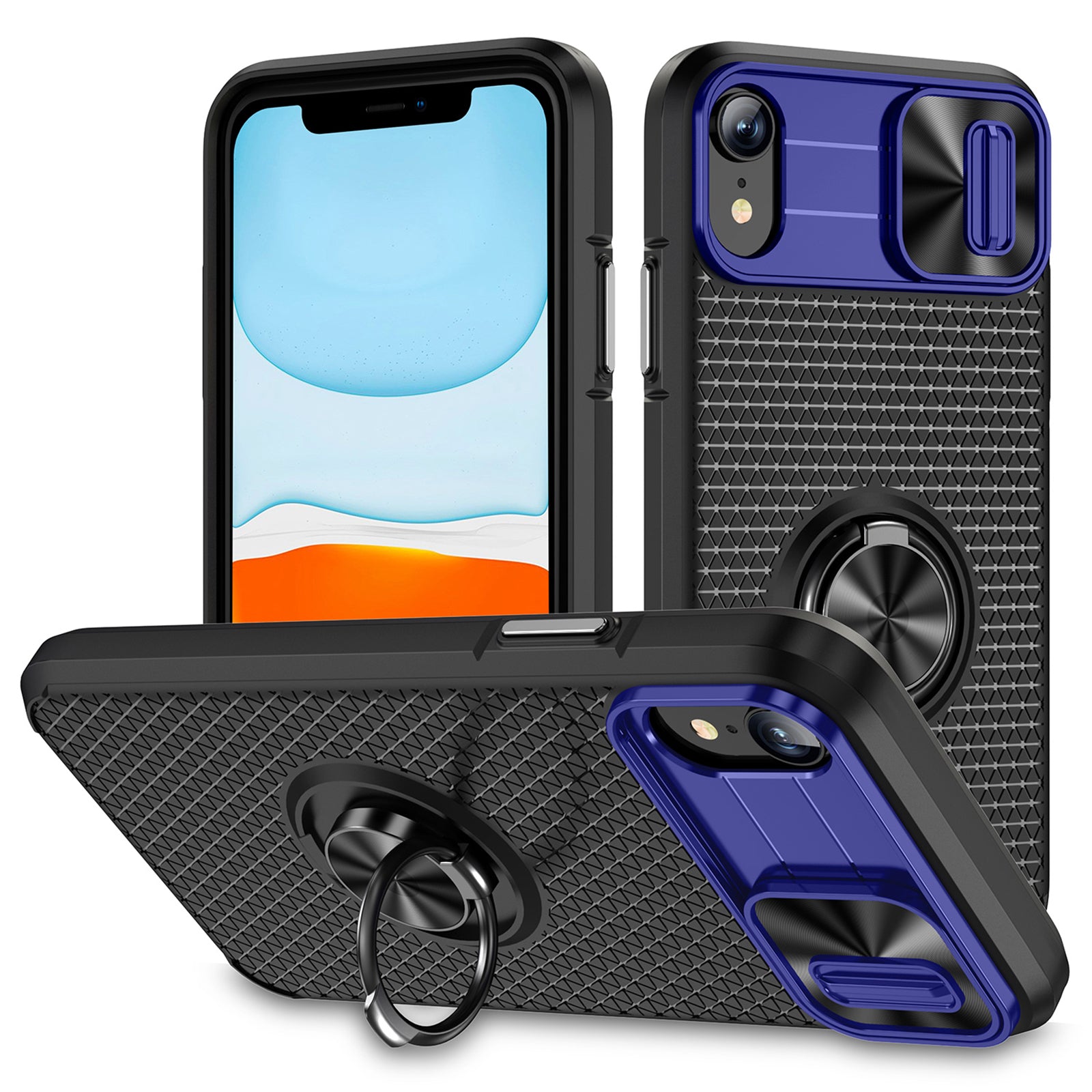 For iPhone XR 6.1 inch Ring Kickstand Phone Case PC TPU Phone Cover with Slide Camera Lens Protector
