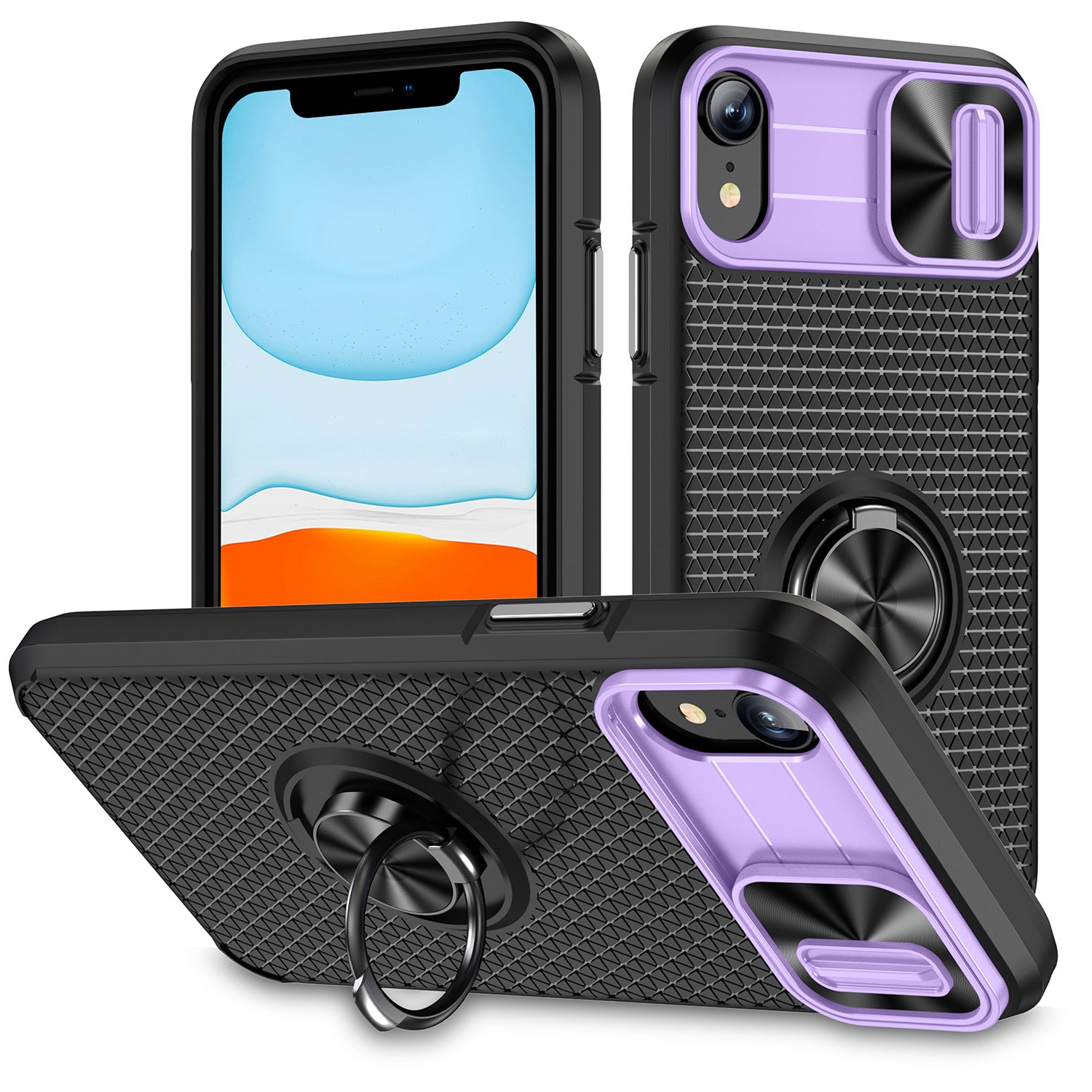 For iPhone XR 6.1 inch Ring Kickstand Phone Case PC TPU Phone Cover with Slide Camera Lens Protector