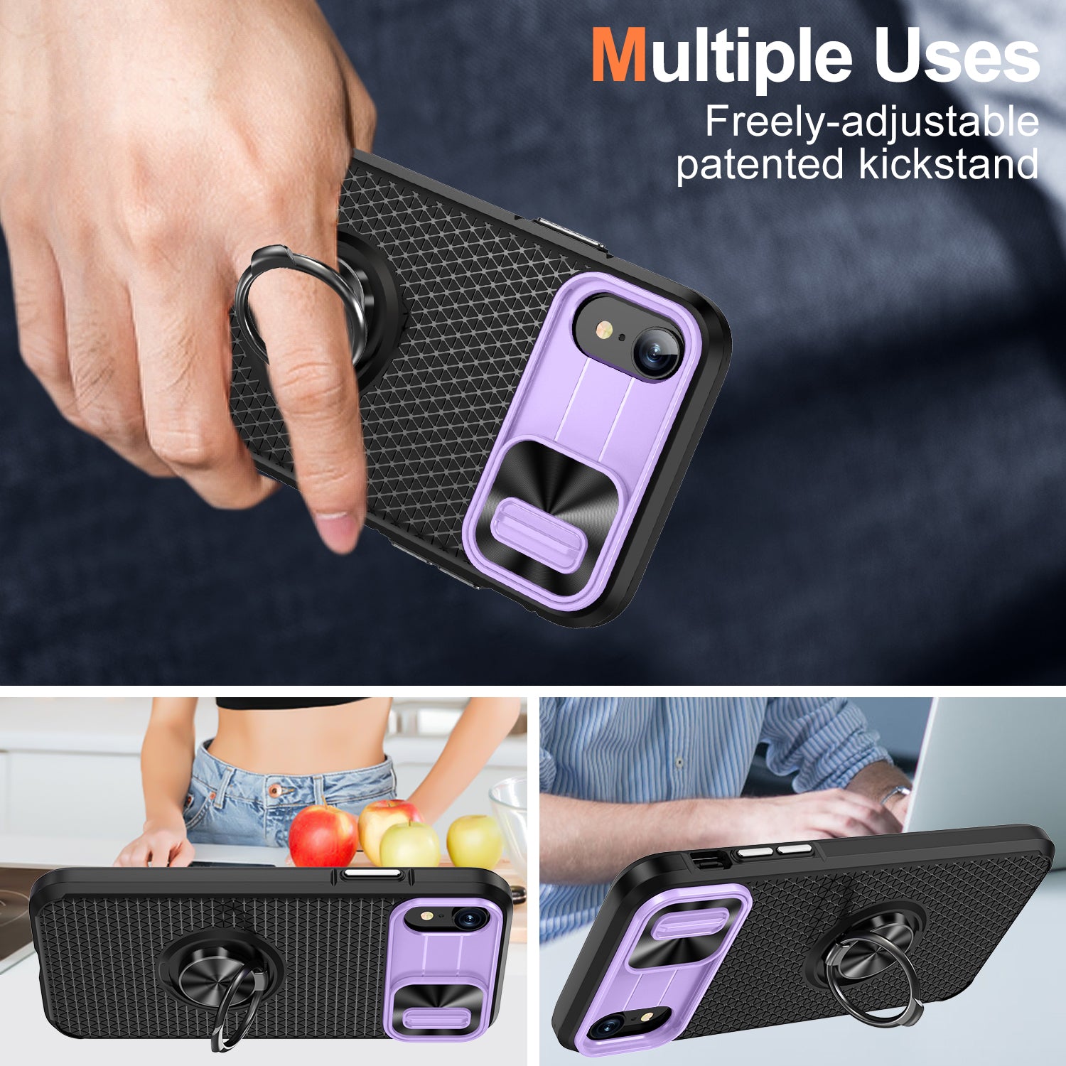 For iPhone XR 6.1 inch Ring Kickstand Phone Case PC TPU Phone Cover with Slide Camera Lens Protector