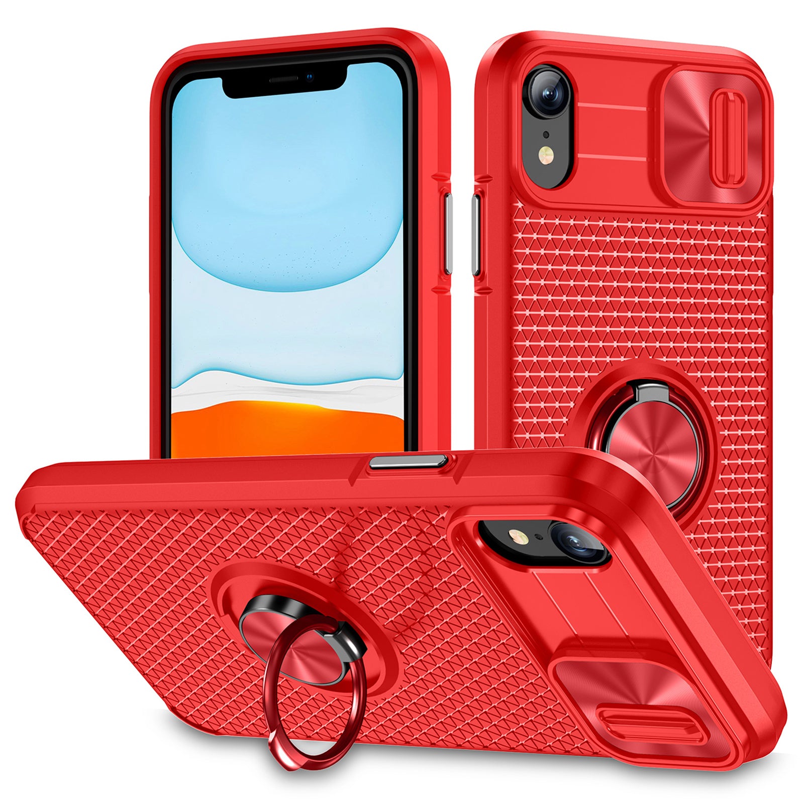 For iPhone XR 6.1 inch Ring Kickstand Phone Case PC TPU Phone Cover with Slide Camera Lens Protector