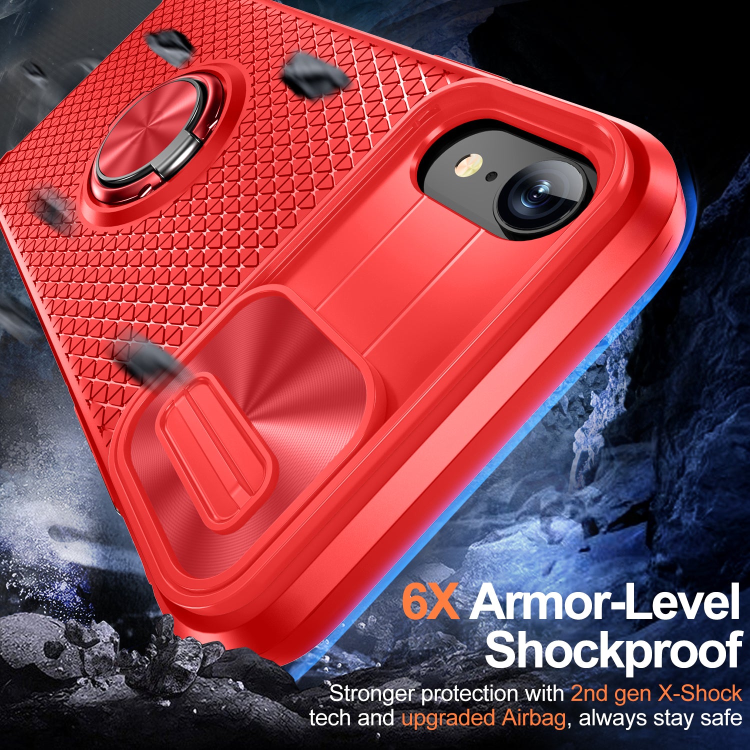 For iPhone XR 6.1 inch Ring Kickstand Phone Case PC TPU Phone Cover with Slide Camera Lens Protector