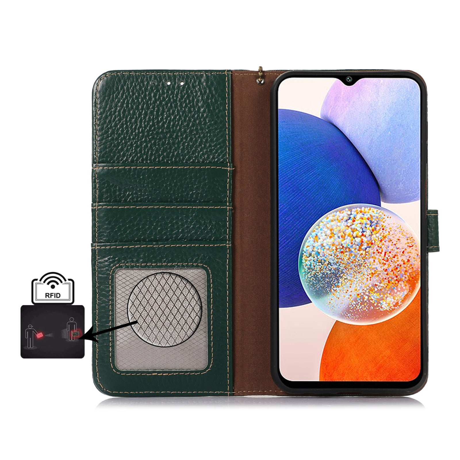 Til Samsung Galaxy M14 5G RFID-blokerende telefonetui Ægte ko-lædercover med pungholder