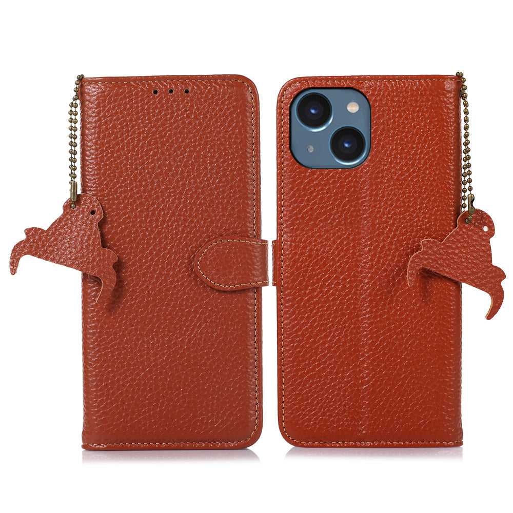 For iPhone 14 Wallet Phone Case RFID Blocking Genuine Cow Leather Stand Folio Cover