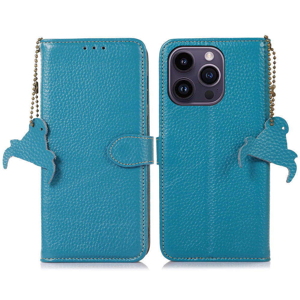 For iPhone 14 Pro Max RFID Blocking Wallet Phone Case Genuine Cow Leather Stand Flip Phone Cover
