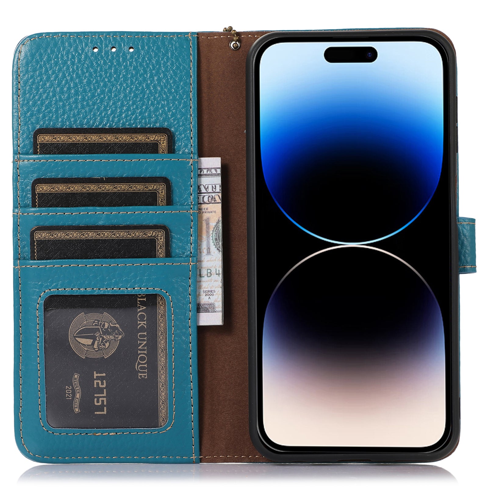 For iPhone 14 Pro Max RFID Blocking Wallet Phone Case Genuine Cow Leather Stand Flip Phone Cover
