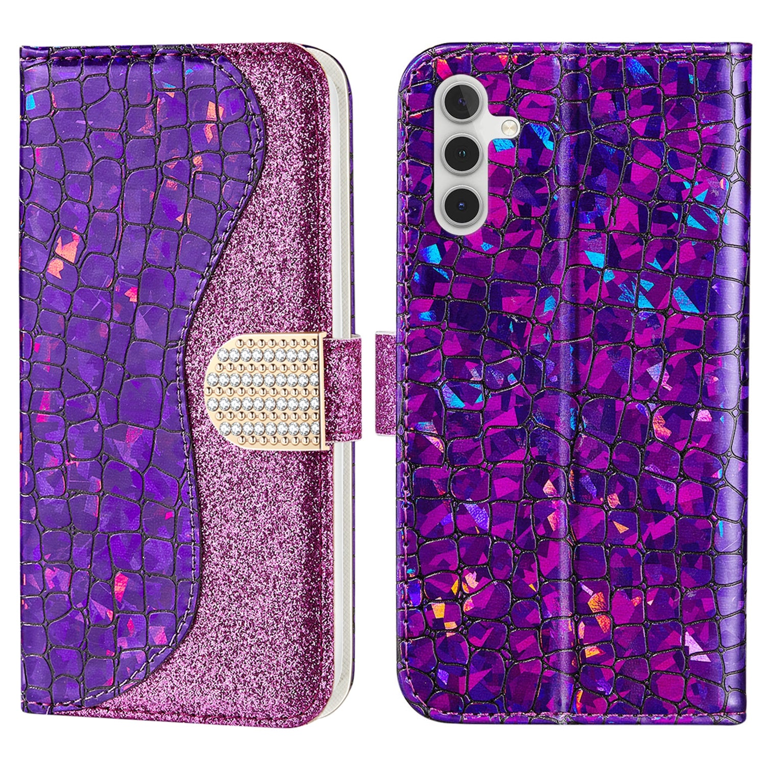 For Samsung Galaxy A24 4G Glitter Splicing Phone Case PU Leather Crocodile Texture Stand Wallet Flip Cover