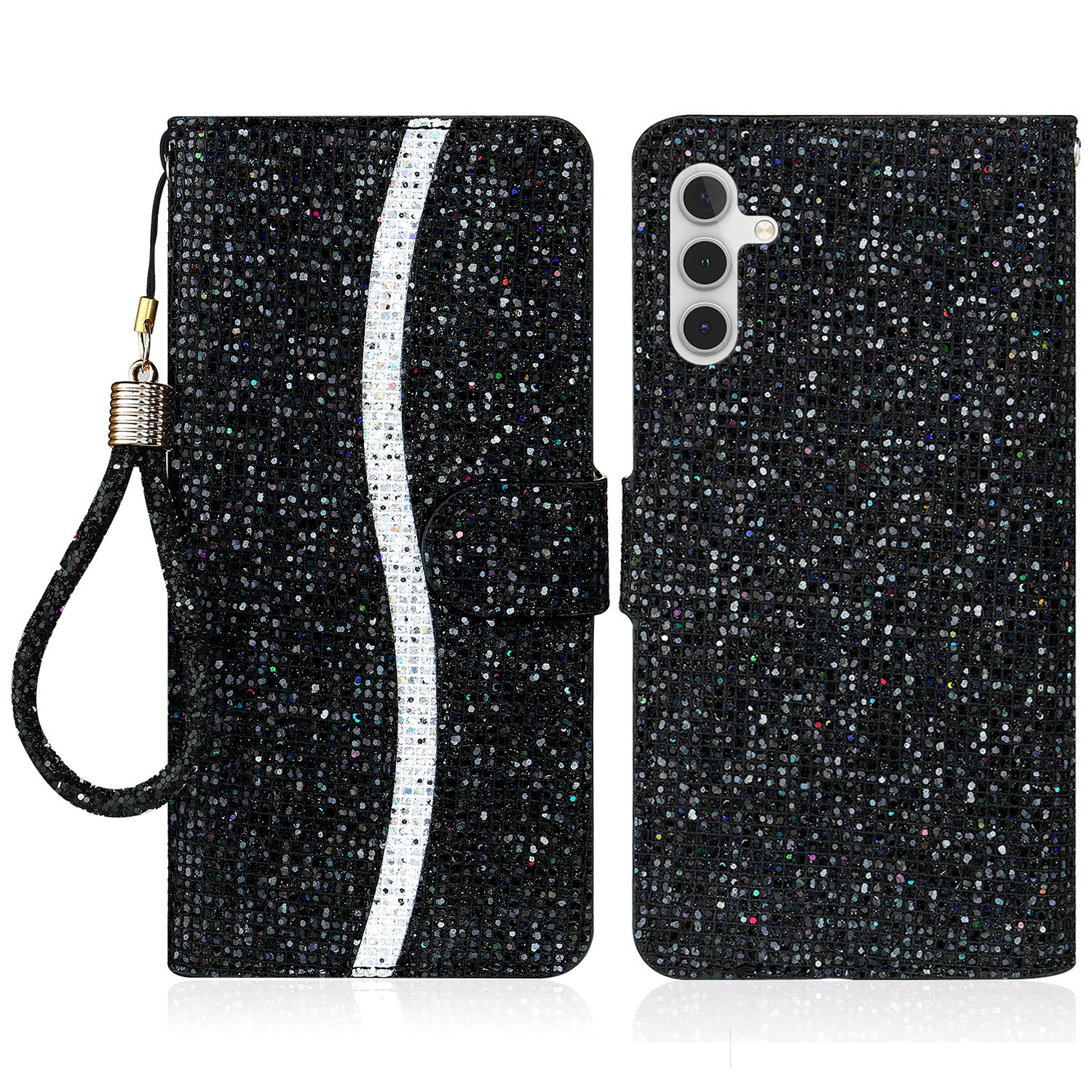 For Samsung Galaxy A24 4G Glitter Sparkle Splicing Phone Case PU Leather Stand Wallet Cover with Strap