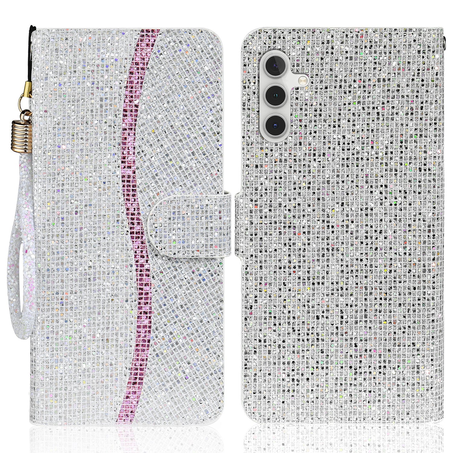 For Samsung Galaxy A24 4G Glitter Sparkle Splicing Phone Case PU Leather Stand Wallet Cover with Strap