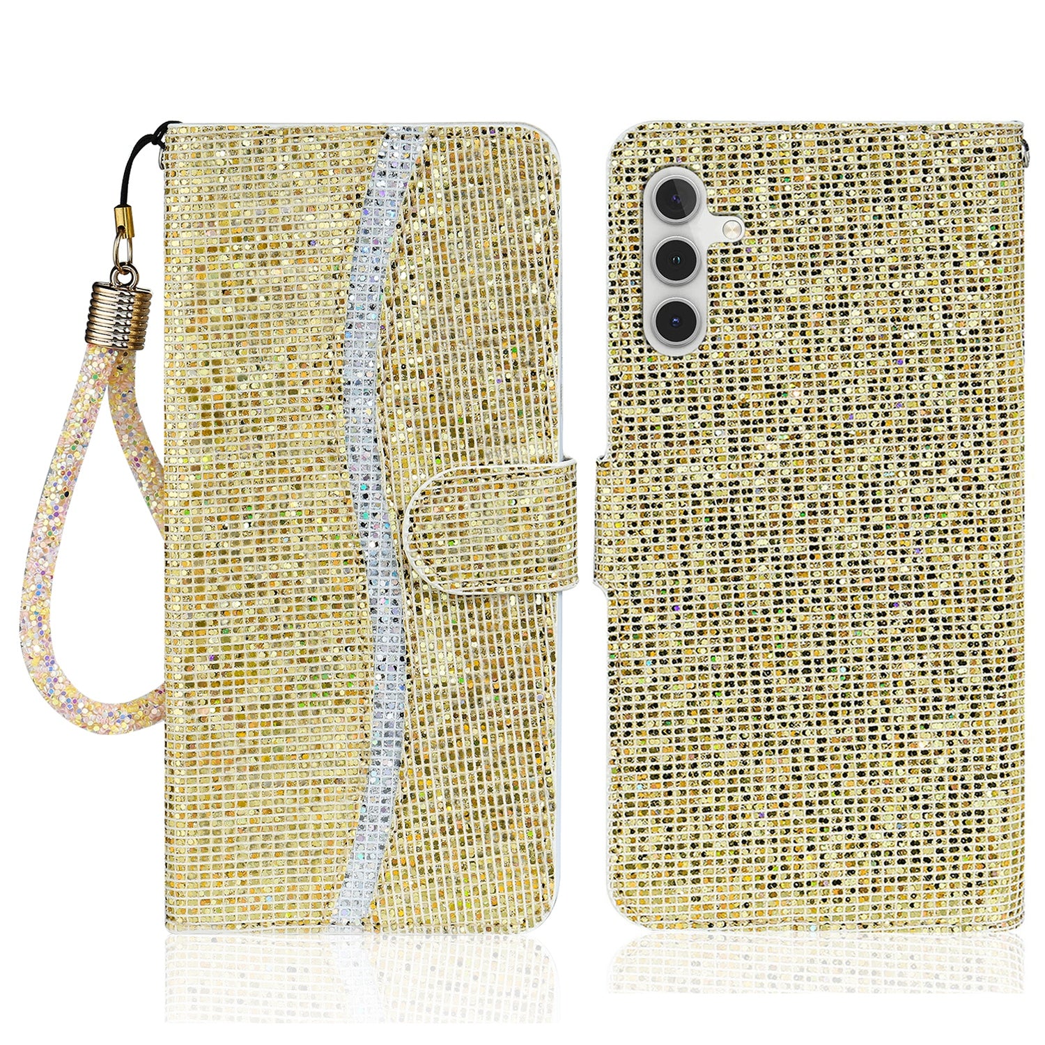 For Samsung Galaxy A34 5G Glitter Bling Splicing Phone Case Wallet PU Leather Stand Mobile Cover with Strap