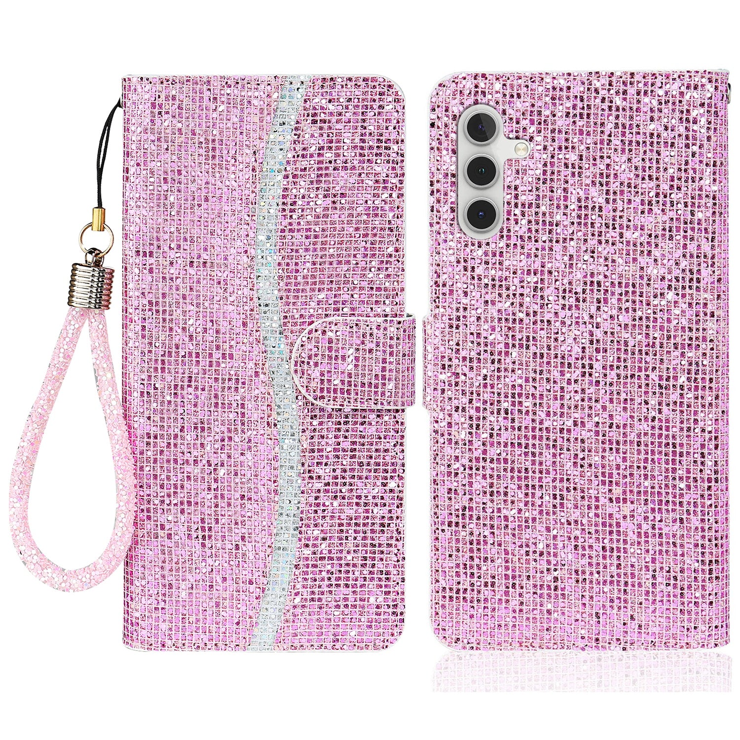 For Samsung Galaxy A34 5G Glitter Bling Splicing Phone Case Wallet PU Leather Stand Mobile Cover with Strap