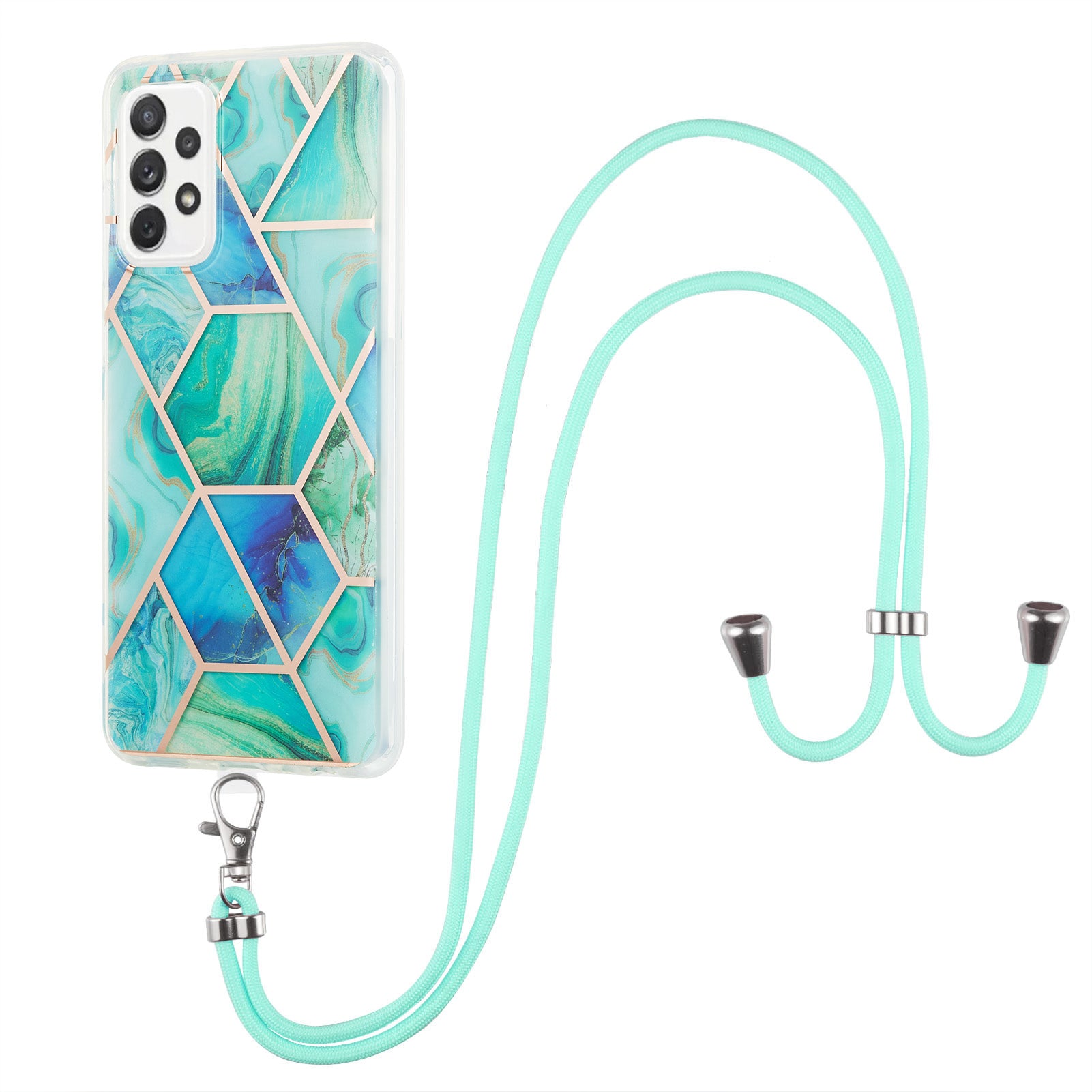 YB IMD Series-5 for Samsung Galaxy A53 5G Splicing Marble Pattern IML IMD Electroplating TPU Phone Case with Lanyard