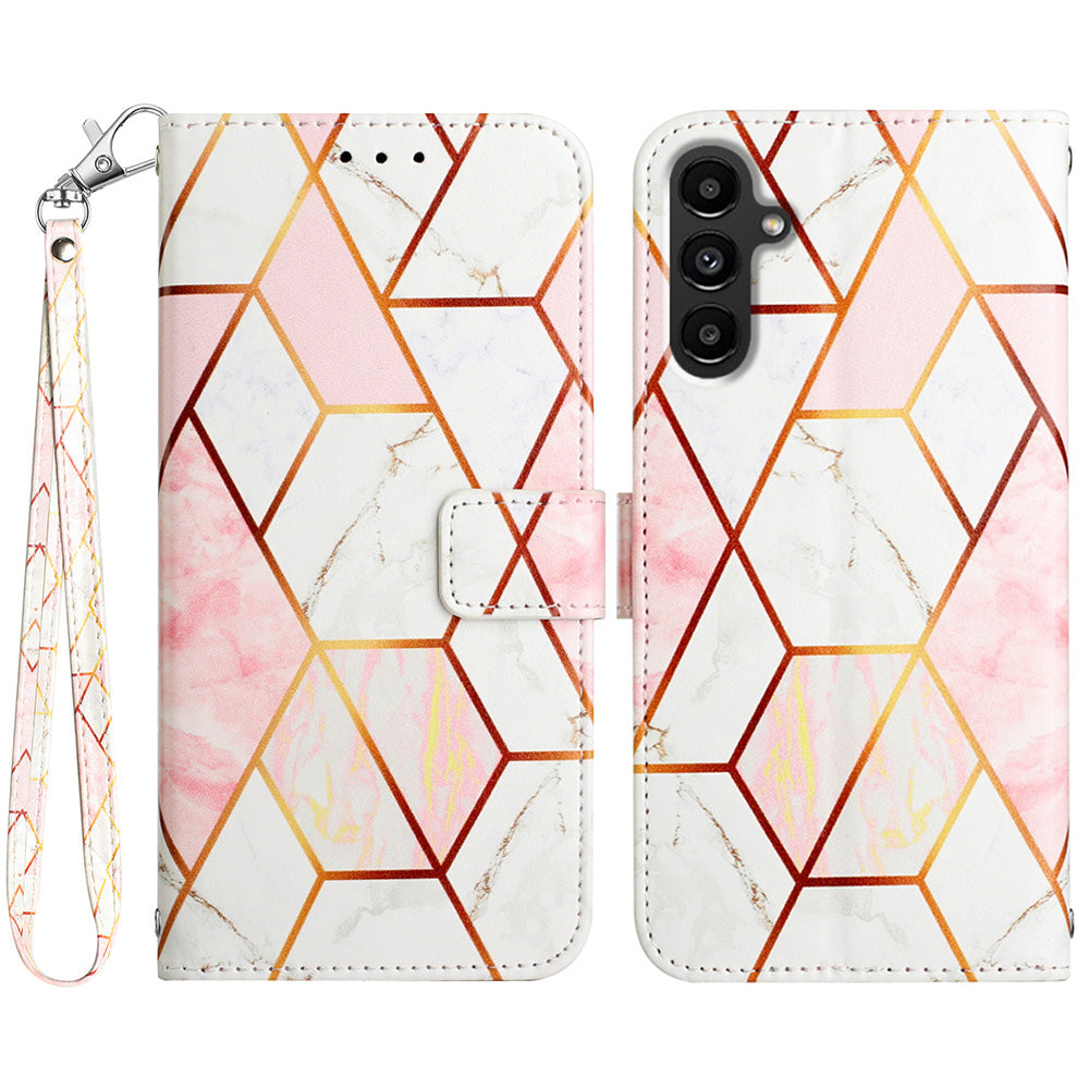 Kožený tisk vzoru YB Series-5 pro Samsung Galaxy A24 4G PU kožená peněženka Pouzdro na telefon Mramorový vzor Velký popruh na ruku Flip Kryt stojánku