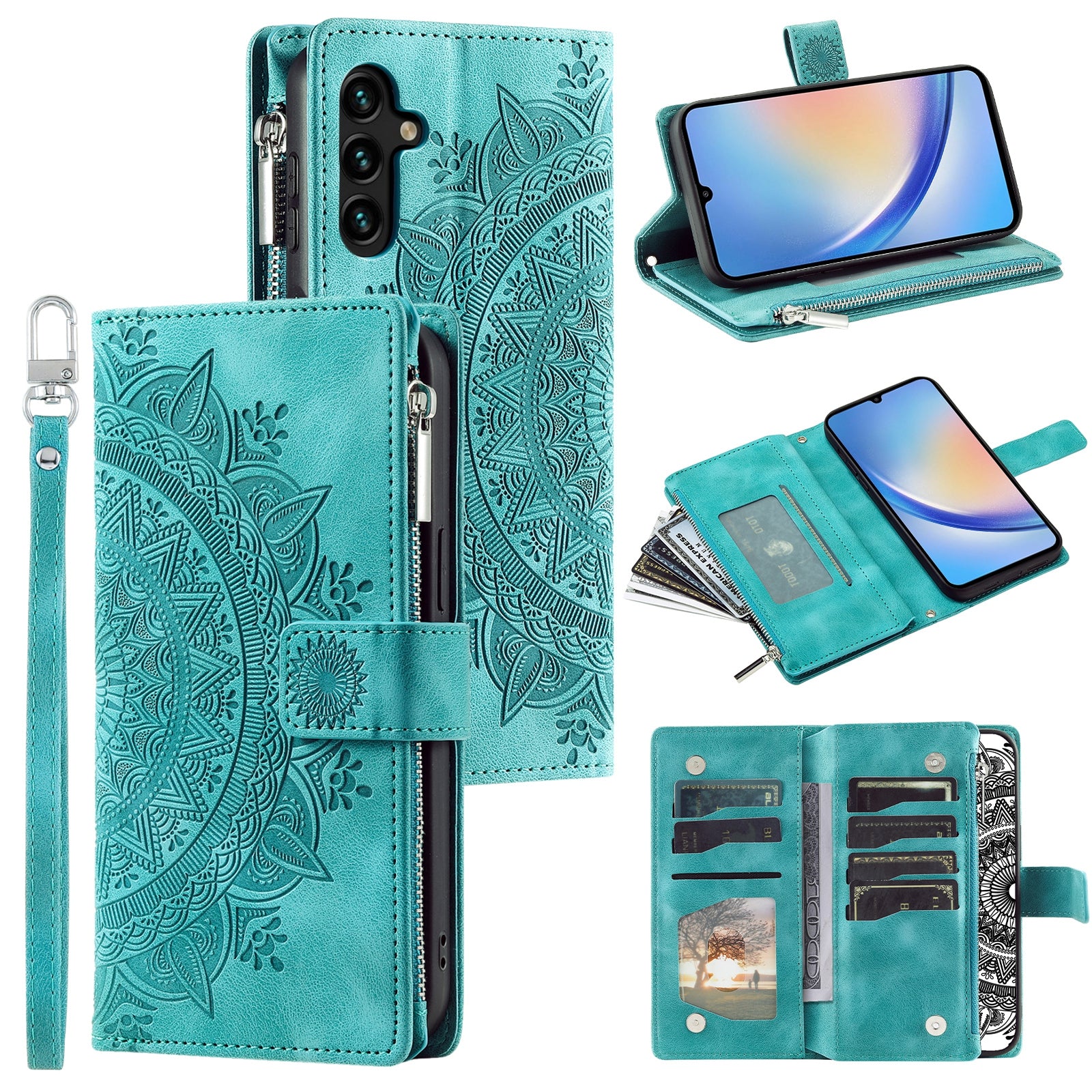 Leather Flip Cover for Samsung Galaxy A24 4G Mandala Flower Pattern Wallet Phone Case