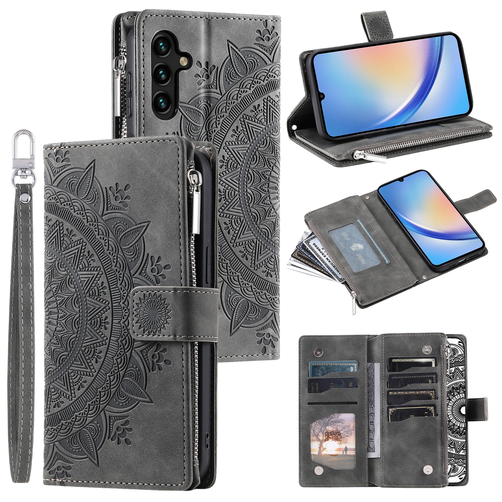 Leather Flip Cover for Samsung Galaxy A24 4G Mandala Flower Pattern Wallet Phone Case