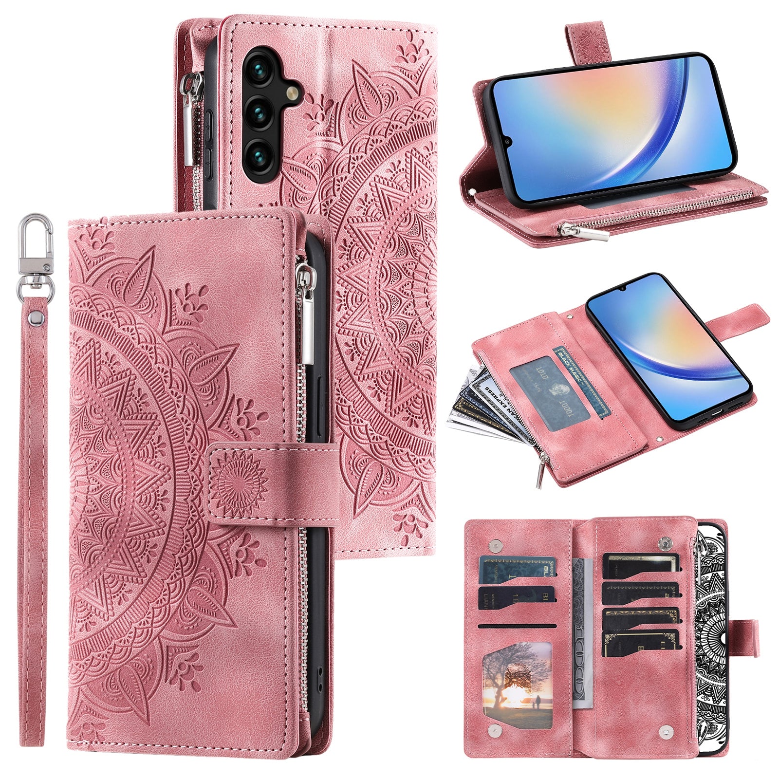 Leather Flip Cover for Samsung Galaxy A24 4G Mandala Flower Pattern Wallet Phone Case