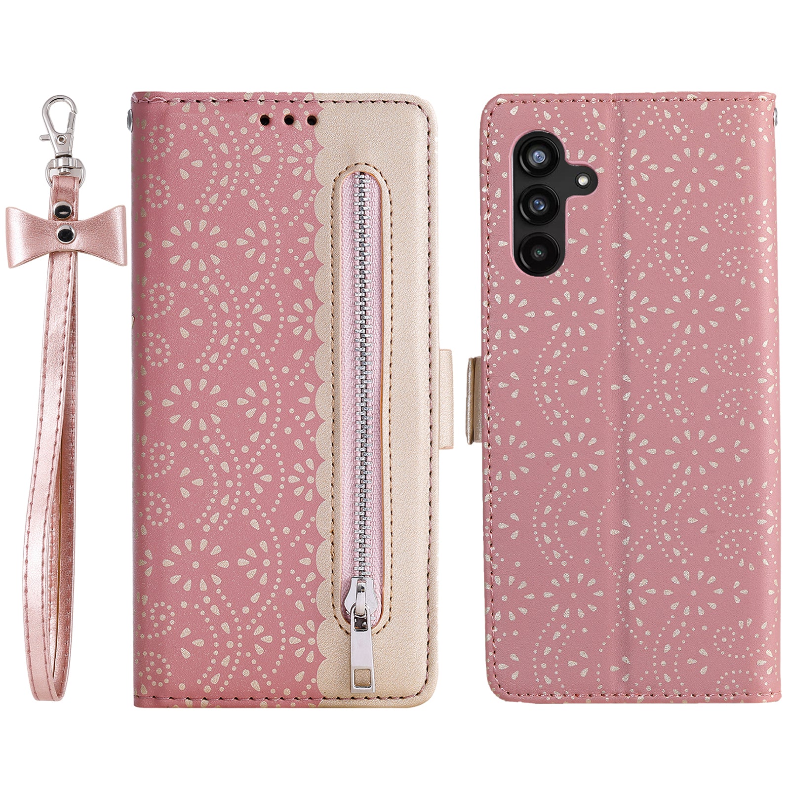 Phone Case for Samsung Galaxy A24 4G Zipper Wallet PU Leather Phone Stand Cover with Bowknot Wrist Strap