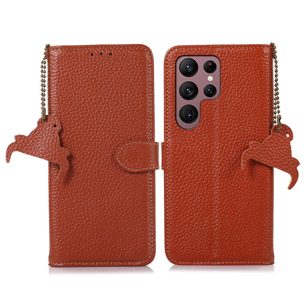 Phone Cover for Samsung Galaxy S23 Ultra Litchi Texture Genuine Cow Leather RFID Blocking Stand Wallet Case