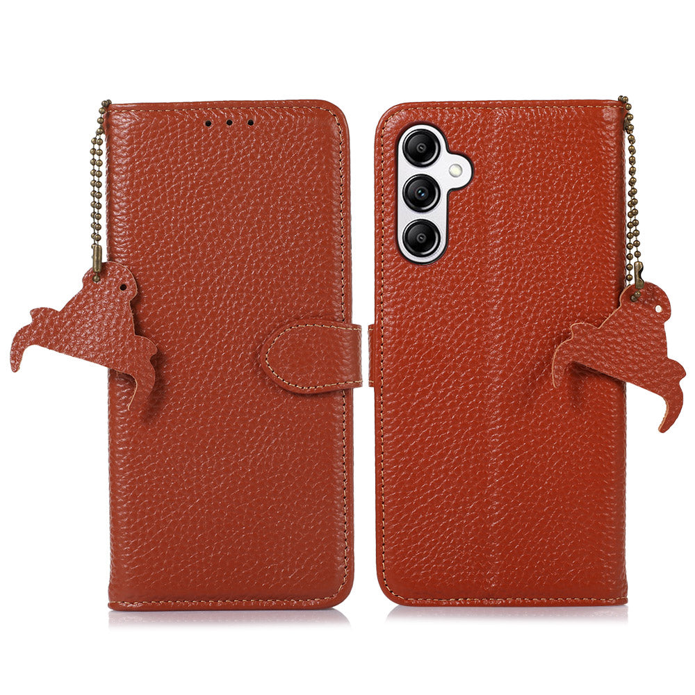 Genuine Cow Leather Cover for Samsung Galaxy A54 5G Litchi Texture RFID Blocking Stand Wallet Phone Case