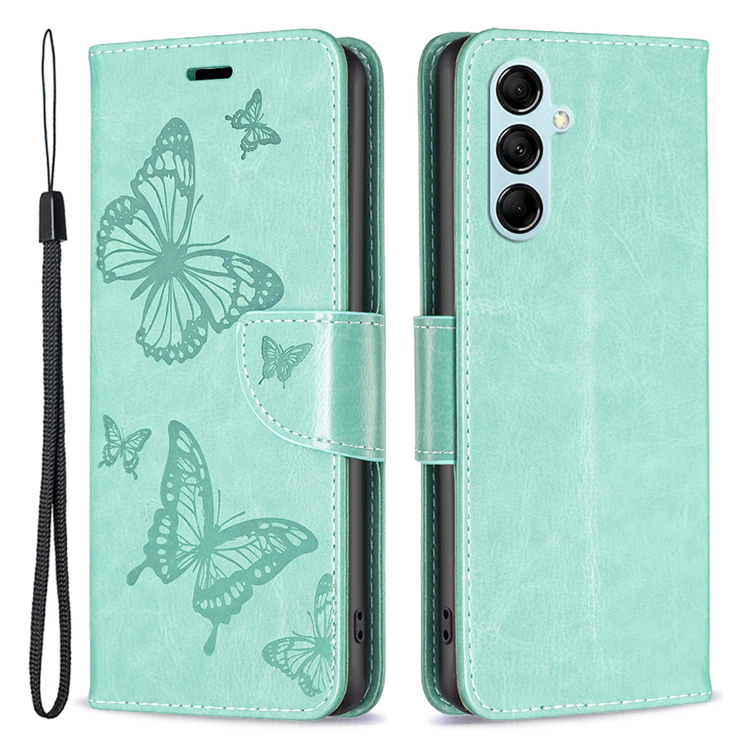 Til Samsung Galaxy M14 5G pungholder telefon læderetui Butterfly påtrykt telefoncover med rem