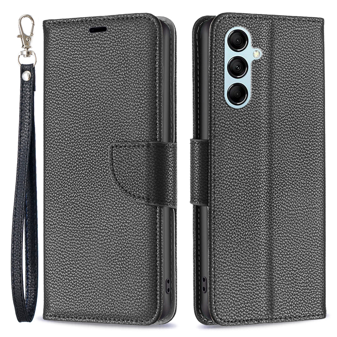 Pro Samsung Galaxy M14 5G PU kožený kryt na peněženku odolný proti poškrábání Litchi Texture Stand Pouzdro na telefon s popruhem