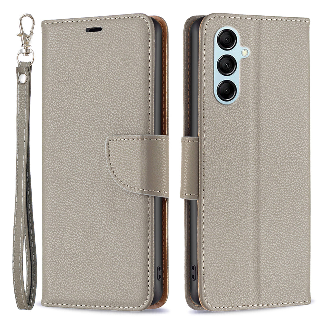 Pro Samsung Galaxy M14 5G PU kožený kryt na peněženku odolný proti poškrábání Litchi Texture Stand Pouzdro na telefon s popruhem